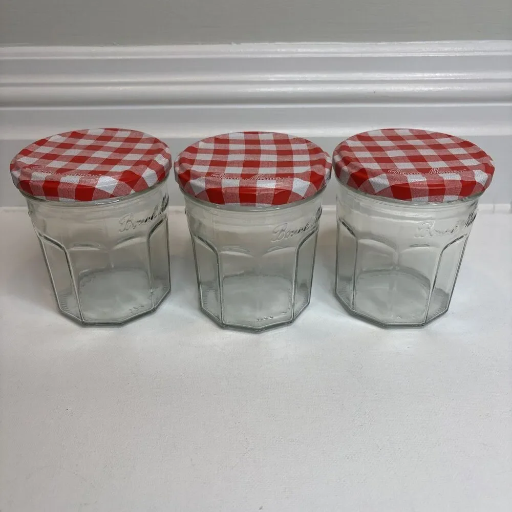 Lot of 3 Bonne Maman Empty Jam Jars 13 oz – Glass Storage w/ Gingham Lids 3.75